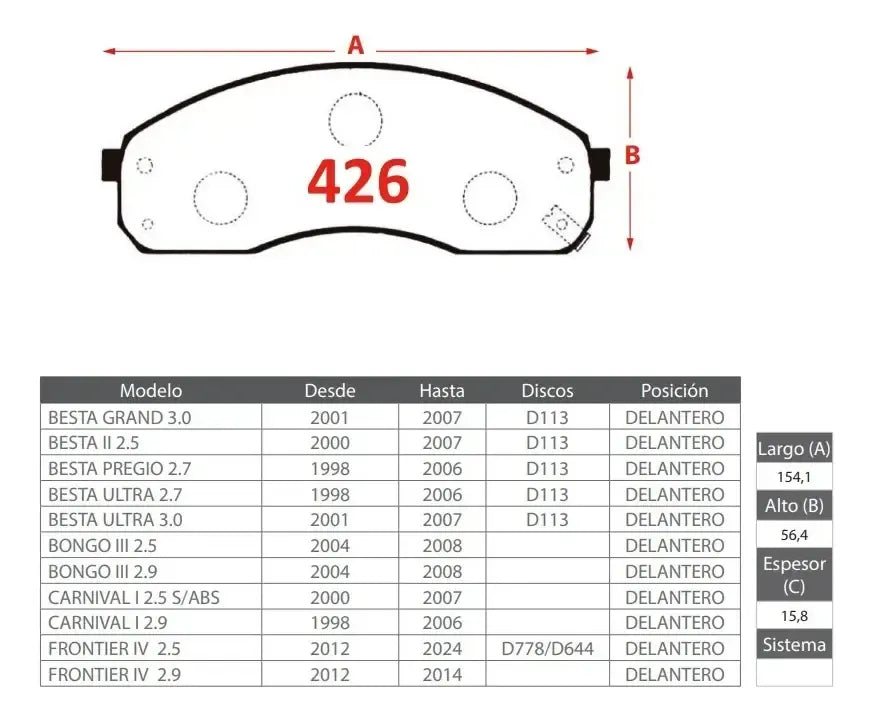 Pastilla de Freno Delantera Kia Frontier IV 2.5 / 2.9 (2012 en adelante) - Ital-Brakes GTX 426