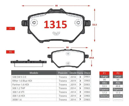Pastilla de Freno Trasera Peugeot 308 / 3008 2014 en adelante – Ital-Brakes GTX 1315