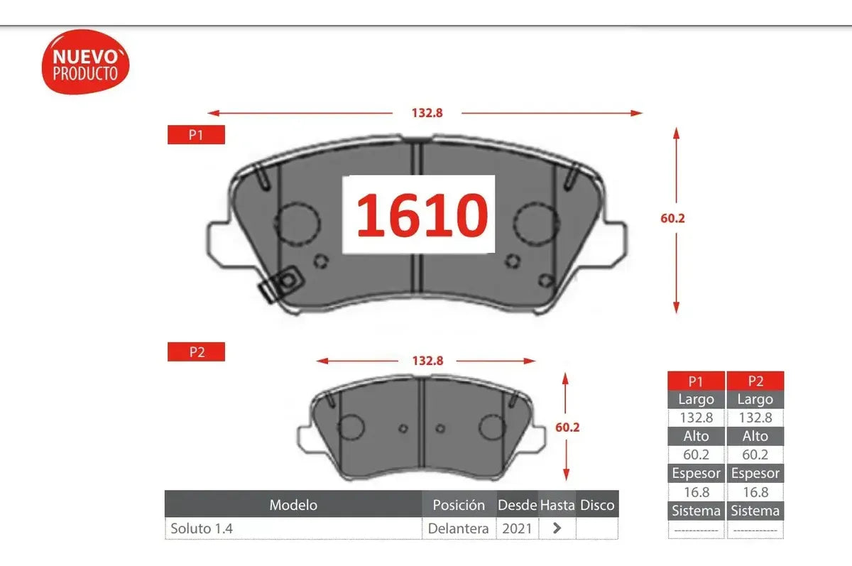 Pastilla de Freno Delantera Kia Soluto 1.4 2020 Adelante – Ital-Brakes GTX 1610