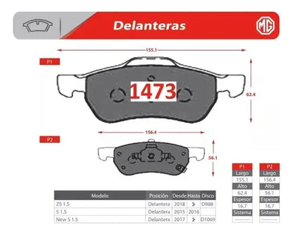 Pastilla de Freno Delantera MG ZS 1.5 2018 en adelante / MG 5 GT 1.5 2017  – Ital-Brakes GTX 1473