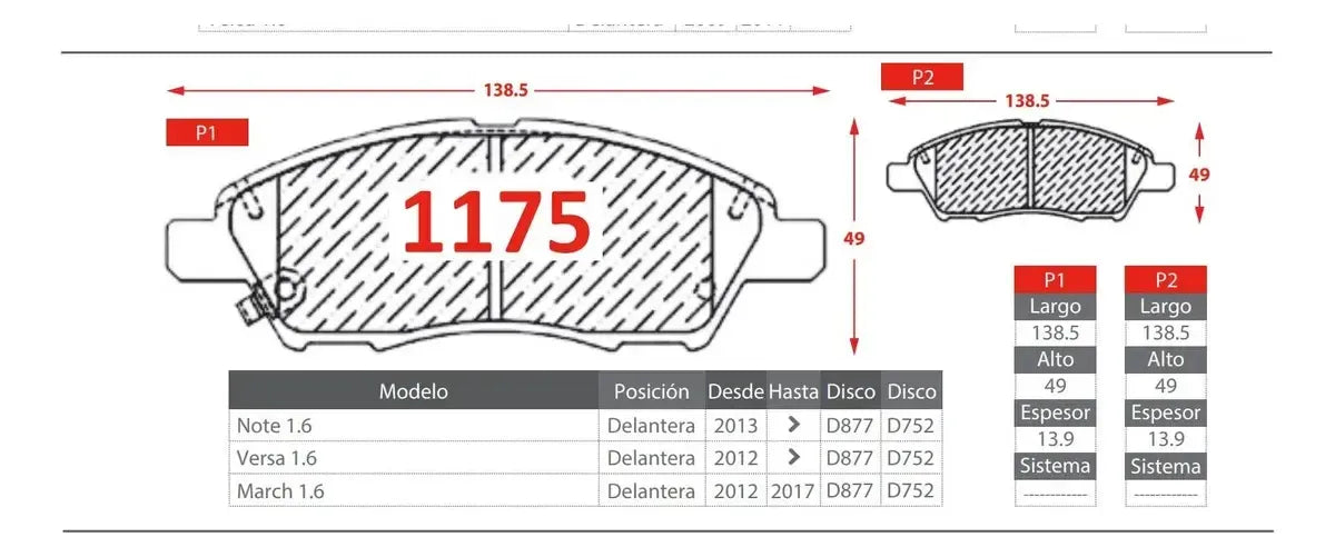 Pastilla de Freno Delantera Nissan Versa 2012 en adelante  / March 2012 2017– Ital-Brakes GTX 1175